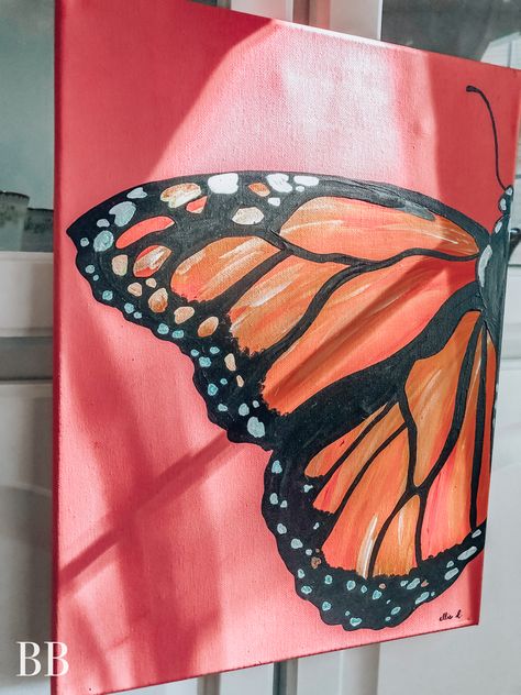 Aesthetic Butterfly Canvas Painting, Painting Ideas On Canvas Butterflies, Red Butterfly Painting, Pink Acrylic Painting Ideas, Half Butterfly Painting, Butterfly Painting Aesthetic, Pink Butterfly Painting, Canvas Painting Butterfly, Acrylic Butterfly Painting