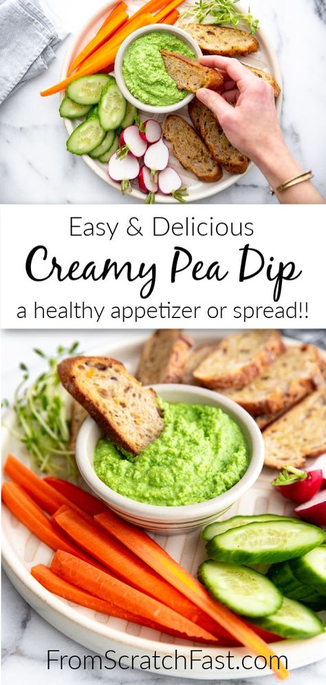 This creamy pea dip is an irresistible AND healthy appetizer or snack! #Fromscratchfast #easyappetizers #healthyappetizers #dipsrecipes #easter #stpatricksdayrecipes Garden Veggie Dip, Pea Appetizers, Pea Dip Recipes, Healthy Dip Recipes For Vegetables, Garden Vegetable Cream Cheese Dip, Healthy Dip For Veggies, Pea Dip, Healthy Dip, Creamy Peas