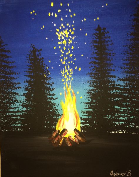 Camping Painting Acrylic, Campfire Painting Easy, Hiking Painting Easy, Fire Pit Painting, Camp Painting Ideas, Camping Canvas Painting Ideas, Camping Painting Ideas, Camping Painting Easy, Camping Paintings