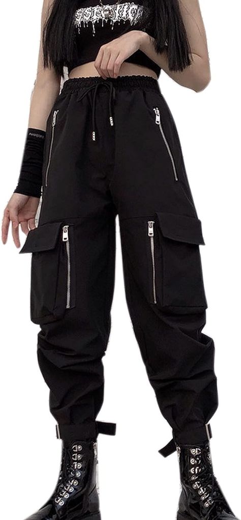 Chained Pants, Overalls Women Fashion, Black Cargo Pants Women, Goth Pants, Techno Outfit, Trendy Joggers, Goth Harajuku, Buckle Pants, Concert Outfit Ideas