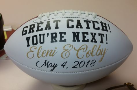 Wedding football great catch you're next Nfl Wedding Ideas, Football Themed Wedding Reception, Football Wedding Ideas, Steelers Wedding, Football Wedding Theme, Grooms Table, Football Wedding, Bride Entry, Chelsea Wedding