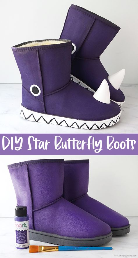 DIY Star Butterfly Boots #cosplay #starbutterfly #costume #halloween #kidsfashion #fashion #diyfashion #starvstheforcesofevil #svtfoe #halloweencostume #diycosplay #diycostume #plaidfx Star Butterfly Halloween Costume, Star Butterfly Cosplay Diy, Svtfoe Cosplay, Star Butterfly Costume, Star Butterfly Cosplay, Diy Butterfly Costume, Star Butterfly Outfits, Butterfly Boots, Black Fabric Paint