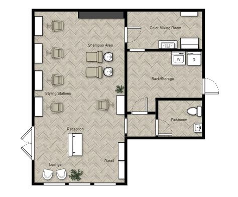 Salon Interior Layout Plan, Salon Station Divider Ideas, Salon Layout Plan, Business Floor Plans Layout, Beauty Salon Floor Plan Small, Hair Salon Blueprint Layout, Small Salon Layout Floor Plans, 900 Sq Ft Salon Layout, Beauty Salon Layout Ideas Floor Plans