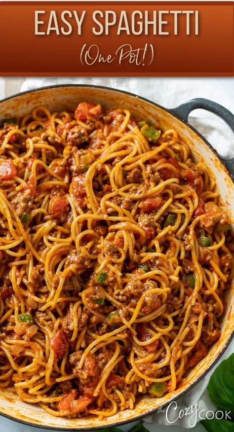 spaghetti and meat sauce in a skillet Spaghetti Sauce For Two, Marinara Sauce Dinner Ideas, Spaghetti Cream Sauce, One Pot Spaghetti With Jar Sauce, Spaghetti Variations, Prego Sauce Recipe, One Pot Spaghetti Recipe, Spaghetti With Marinara Sauce, Easy Spaghetti Recipe