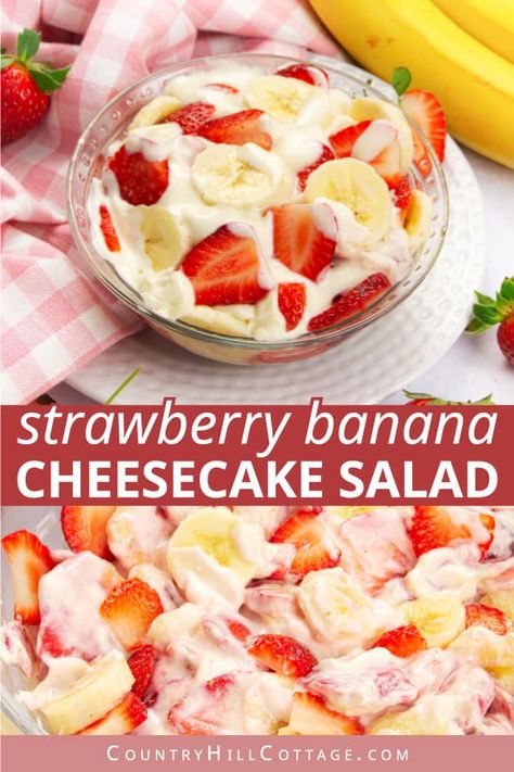 Peach Marshmallows, Strawberry Banana Desserts, Fruit Salad With Cream, Strawberry Banana Cheesecake Salad, Strawberry Cheesecake Salad, Cheesecake Fruit Salad, Strawberries And Bananas, Cheesecake Salad, Berry Fruit Salad