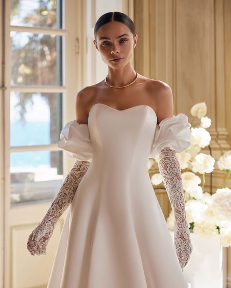 Gracefully, elegantly, laconically, with royal luxury. How would you describe our Rejchel dress? ✔️ The Happily Ever After collection by Katy Corso Bridal Couture Fall 2024. #KatyCorso #royalweddingdress #weddingdress #dreamwedding #dreamweddingdress Dresses With Detachable Sleeves, Couture Wedding Dresses, Detachable Sleeves, Wedding Gloves, Couture Wedding, Bridal Couture, Fall 2024, Happily Ever After, Ever After