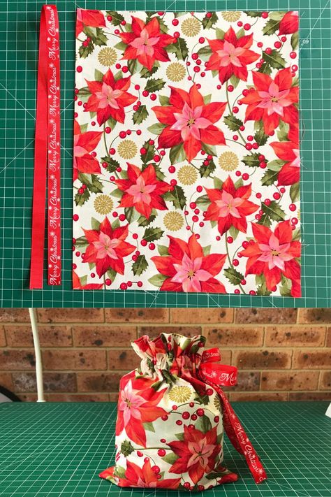 Christmas Gift Bags To Sew, Diy Fabric Pouches, Easy Tote Bag Pattern Free, Fabric Christmas Bags, Gift Bag Pattern, Homemade Gift Bags, Gift Bag Tutorial, How To Make A Gift Bag, Sewing Christmas Gifts