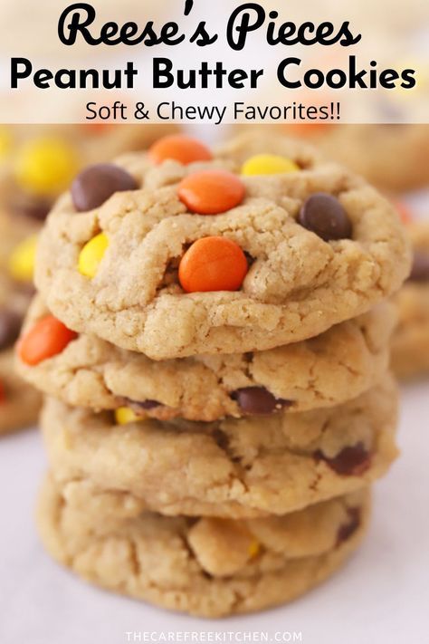 These Reese's Pieces Cookies combine the best of both worlds - sweet and salty peanut butter cookies and Reese’s Pieces in every delicious bite. They’re perfectly soft, quick to throw together and taste amazing with a cold glass of milk. Reece Pieces Cookies, The Carefree Kitchen, Reese Pieces Peanut Butter Cookies, Reese's Pieces Peanut Butter Cookies, White Chocolate Reese’s Pieces Peanut Butter Chip Cookies, Reese's Pieces Recipes, Desserts With Reeses Pieces, Double Peanut Butter Cookies, Reece Cookies