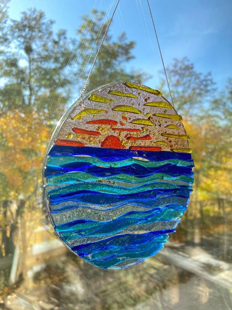 Sunset in the Ocean Waves Glass Suncatchers Fused Glass - Etsy Ireland Fused Glass Sunset, Sunset In The Ocean, Fused Glass Wall Art, Glass Suncatchers, Glass Fusion Ideas, Fused Glass Artwork, Glass Fusing Projects, Vertical Wall Art, Contemporary Glass Art