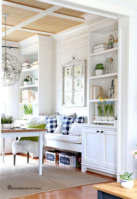 build-ins with spring decor, plants, clear glass bottles and plaid pillows on bench Banquette Seating In Kitchen, Spring Living Room, Cottage Style Decor, Fabulous Diy, Banquette Seating, Kitchen Nook, Dining Nook, Spring Home, Breakfast Room