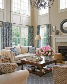 Trim / millwork for two story windows.....Cathedral Living Room traditional living room Boston Living Room, Window Treatments Bedroom, Living Room Arrangements, Steel Windows, Living Room Windows, Window Dressings, Traditional Living, Living Room Remodel, Traditional Living Room