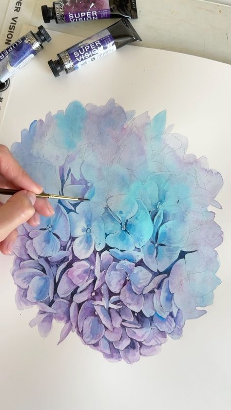 Instagram Watercolour Hydrangea, Hydrangea Watercolor, Hydrangeas Art, Watercolor Hydrangea, Painting Flowers Tutorial, Hydrangea Painting, Art Demo, Lily Painting, Oil Painting Tutorial