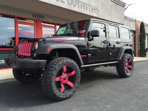 Awesome Jeep 2017: Image result for Pink Jeep Wrangler... Trucks & Jeeps Check more at http://carboard.pro/Cars-Gallery/2017/jeep-2017-image-result-for-pink-jeep-wrangler-trucks-jeeps/ Black And Pink Jeep Wrangler, Jeep With Pink Accents, Jeep Decor, Jeep Inspiration, Pink Jeep Wrangler, Black Jeep Wrangler, White Jeep, Custom Jeep Wrangler, Pink Rims