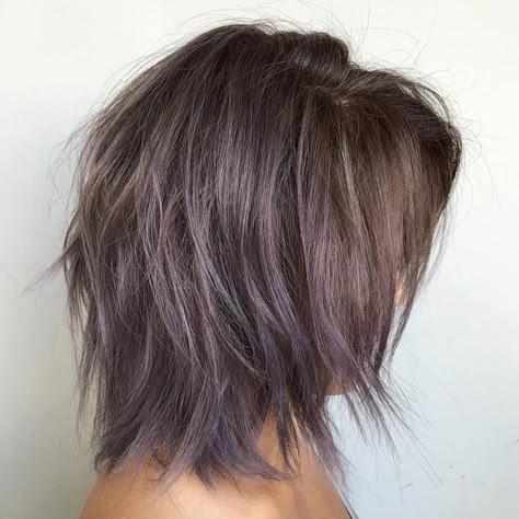 Brown Layered Bob With Purple Balayage Cute Medium Length Haircuts, Cute Medium Haircuts, Balayage Straight, Purple Balayage, Modern Shag Haircut, Medium Haircuts, Choppy Bob Hairstyles, Modern Haircuts, Haircuts For Medium Hair