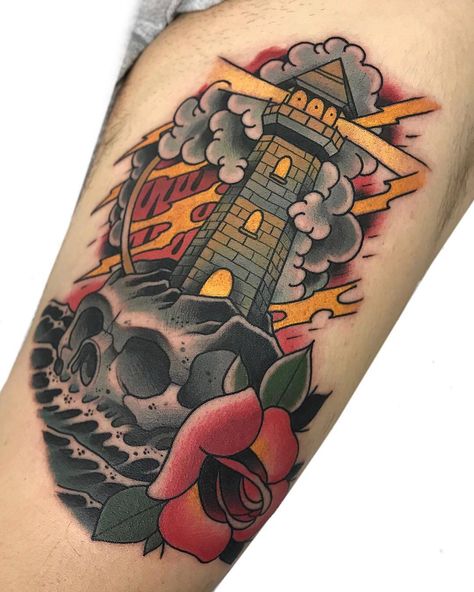 Tattoo artist Guindero Landscape Traditional Tattoo, Neotrad Sleeve Tattoo, Lighthouse Tattoo Neotraditional, Neo Traditional Lighthouse Tattoo, Lighthouse Traditional Tattoo, American Traditional Lighthouse Tattoo, Nautical Traditional Tattoo, American Traditional Lighthouse, Lighthouse Kraken