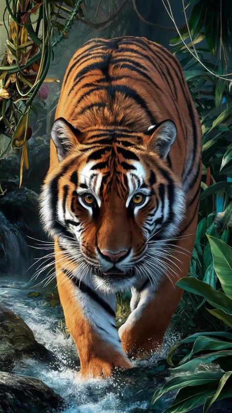 Ideogram Tiger Prowling, Cinematic Scene, River Flowing, A Tiger, Green Foliage, The Tiger, Exotic Plants, Vibrant Orange, Lush Green