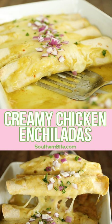 Creamy Chicken Enchiladas White Enchiladas, Creamy Chicken Enchiladas Recipe, Chicken Enchiladas Recipe, Creamy Chicken Enchiladas, Pbs Food, Enchiladas Recipe, Mexican Foods, Chicken Main Dishes, Tex Mex Recipes