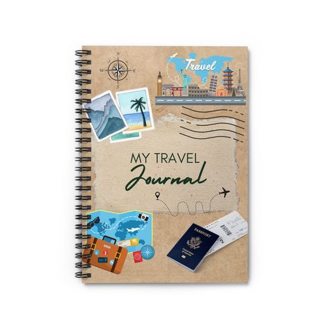 "\"My Travel Journal\"  is the perfect companion for all your adventures! Whether you're exploring new cities, trekking through the wilderness, or simply hitting the road, this 118-page ( 59 sheets) spiral notebook is the ultimate travel accessory. The pages are blank with lined paper. With ruled line paper, you can jot down your thoughts, experiences, and memories in style. And with a durable printed cover featuring a travel theme, you'll never forget where you've been or where you're going. So My Travel Journal, Travel Book Design, Travel Journal Scrapbook, Notebook Spiral, Front Page Design, Vintage Book Cover, Travel Notebook, Journal Travel, Travel Journals