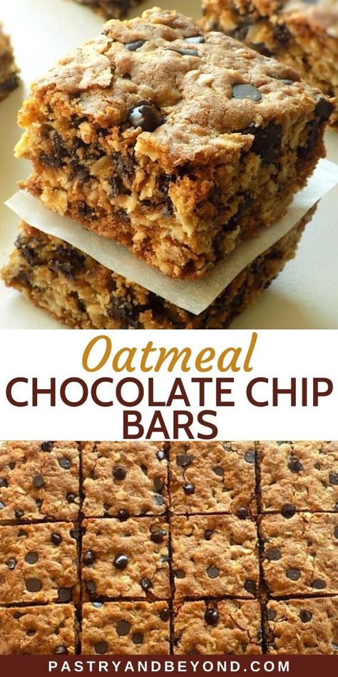 Oatmeal Chocolate Chip Cookie Bars, Oatmeal Chocolate Chip Bars, Oatmeal Cookie Bars, No Bake Oatmeal Bars, Oatmeal Breakfast Bars, Chocolate Chip Bars, Easy Oatmeal, Baked Oatmeal Recipes, Oatmeal Chocolate Chip