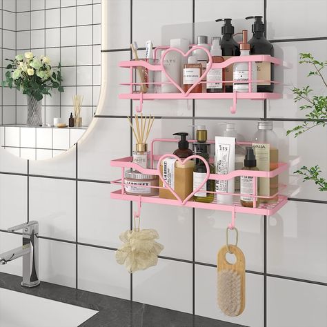 🩷 FLCITY Sweet Coquette Barbiecore Pink Heart Shower Caddy with 4 Hooks, 2pcs No Drilling Self Adhesive Shower Organizer Shelf, Stainless Steel Bathroom Shower Shelf, Rustproof Shower Rack for Bathroom, Kitchen, College Dorm, Bedroom, Storage, Click Link to Shop These :) Girly Bathroom, Dorm Bathroom, Shower Organizer, Rack For Bathroom, Shower Rack, Pink Showers, Shower Shelf, Organizer Shelf, Shower Storage