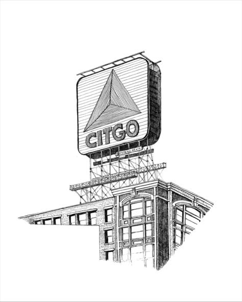 Citgo Sign, Boston MA   #sketch #sketching #drawing #pen #ink #architecture #boston #local #art #blackandwhite #urbansketchers #urbansketching #ar_sketch #sktchd #etsy #architecturesketch #architecture_hunter #archihub #pendrawing Boston Citgo Sign, Boston Drawing, Pen Reference, Ink Architecture, Citgo Sign, Chicago Living, Landmarks Art, Building Illustration, Sketching Drawing