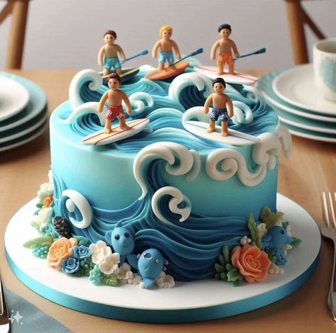 @erlitakrist  🌊~Beach Cake Cake Beach Birthday, Surfing Cakes, Birthday Cake Beach, Surfing Cakes For Men, Summer Cake Designs Beach Themes, Beach Fondant Cake, Summer Birthday Cake, Surf Cake, Hawaiian Decor