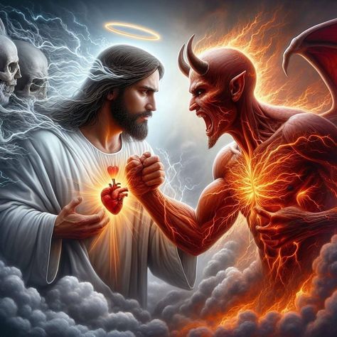 Devil Vs Jesus, God Vs Devil, Cool Cartoon Drawings, Jesus Art Drawing, Good Vs Evil, Jesus Our Savior, Church Inspiration, Dark Art Photography, Jesus Christ Artwork