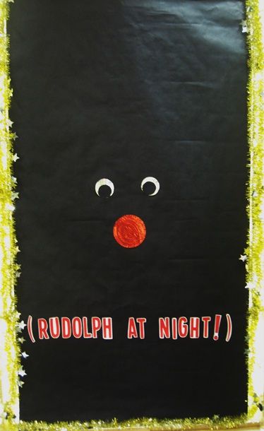 Rudolph at Night. Merry Christmas! | Library Book Display Rudolph At Night Door Decoration, Christmas Library Displays, Christmas Library Display, Night Library, Library Doors, Christmas Library, Door Decorations Classroom Christmas, Christmas Doors, Christmas Bulletin Boards