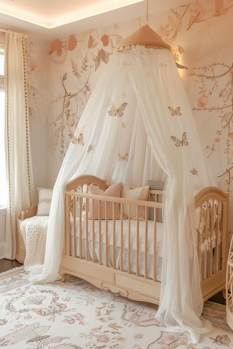 32 Charming Butterfly Nursery Ideas for a Dreamy Baby Room Butterfly Themed Nursery Girl, Woodland Fairy Nursery Theme, Baby Room Design Girl, Whimsical Baby Girl Nursery, Whimsical Girl Nursery, Fairytale Nursery Girl, Angel Nursery Theme, Baby Rooms Girl, Fairy Nursery Baby Girl