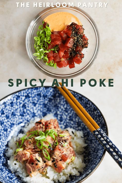 Spicy Ahi Poke is a light and refreshing recipe made with chunks of fresh sashimi-grade ahi tuna and a spicy Kewpie mayo sauce. Serve it on a bed of cooled Japanese rice and garnish with furikake and scallions for a delicious meal. Spicy Poke Sauce, Spicy Poke Recipe, Spicy Ahi Poke Recipe, Poke Sauce Recipes, Spicy Ahi Poke, Girl Lunch, Poke Recipe, Kewpie Mayo, Tuna Poke Bowl