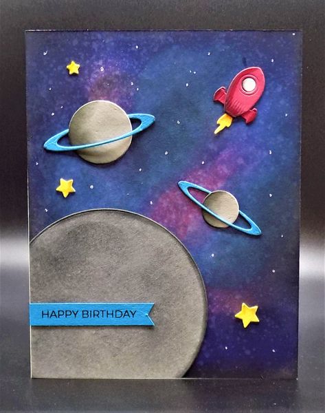 Space Birthday Card Diy, Planets Preschool, Space Birthday Card, Space Card, Sponging, Outer Space Birthday, Birthday Stamps, Birthday Sentiments, Birthday Cards For Boys