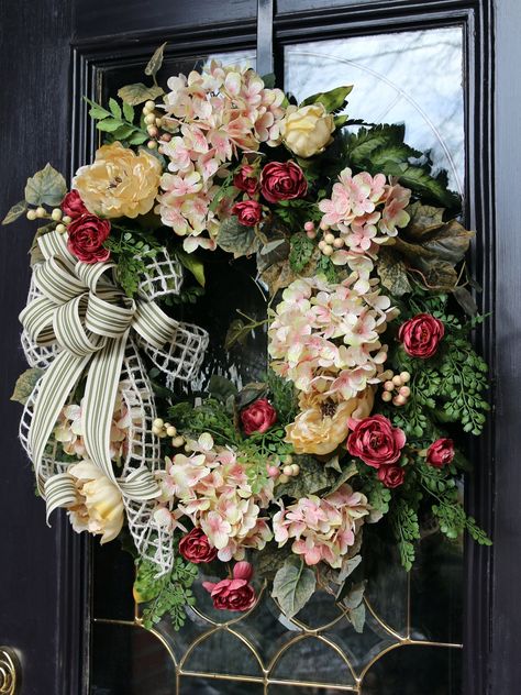 Double Door Wreath, Bridal Shower Wreaths, Double Door Wreaths, Wreath Hydrangea, Easter Door Wreaths, Floral Door Wreaths, Cottage Style Home, Door Wreaths Diy, Spring Door Wreaths