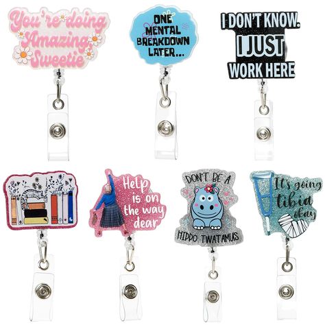 PRICES MAY VARY. Value Package: Comes with 7 pcs of retractable badge reels, adequate in quantity can satisfy your replacement requirements. Badge reels include :one mental breakdown later, i don't know i just work here, you're doing amazing sweetie, help is on the way dear, don't be a hippo-twatamus, it's going tibia okay etc Retractable: The retractable cord can extend up to 27”, reliable and can withstand frequent use, ensuring that it will last for a long time. Fumbling with lanyards and mis