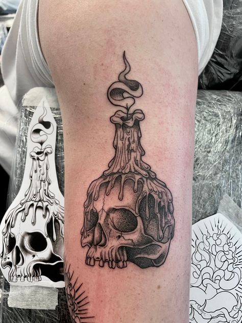 Dotwork Skull and Candle Tattoo Skull With Candle Tattoo Design, Heart Candle Tattoo, Fineline Skull Tattoo, Candle Burning At Both Ends Tattoo, Skull And Candle Tattoo, Melting Candle Tattoo, Skull Candle Tattoo, Vintage Skull Tattoo, Pillar Tattoo