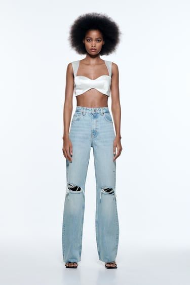 Ripped Wide Leg Jeans, Baggy Ripped Jeans, Straight Jeans Outfit, Denim Corset Top, Womens Ripped Jeans, Straight Crop Jeans, Photo Outfit, Zara Jeans, Cropped Denim