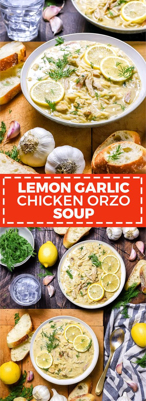 Lemon Garlic Chicken Orzo Soup. Inspired by Greek "Avgolemono", this recipe is thickened with a mixture of lemon juice, pureed garlic, and egg to create a flavor-packed, citrusy, velvety soup. | hostthetoast.com Soup Recipes Chicken, Orzo Soup, Garlic Soup, Chicken Orzo, Chicken Orzo Soup, Lemon Garlic Chicken, Lemon Chicken Orzo Soup, Chicken Soup Recipes, Mediterranean Diet Recipes