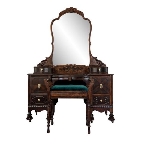 Offering a freshly refinished antique make-up vanity with a removable mirror and a matching bench. The vanity is constructed of solid wood (walnut/burl inlays) and has a total of six dovetailed drawers. The drawers are made of solid wood are in excellent working condition and have been cleaned and reconditioned. The vanity was stained using a mix of dark oil stains and sealed with a lacquer top coat. The sheen used is satin finish. The piece features a removable framed mirror with some signs of Vanity Mirror Antique, Dark Wood Vanity Table, 1920s Vanity With Mirror, 1920s Mirror, Antique Makeup Vanity, 1920s Vanity, Vintage Victorian Aesthetic, Dark Wood Vanity, Refinished Vanity