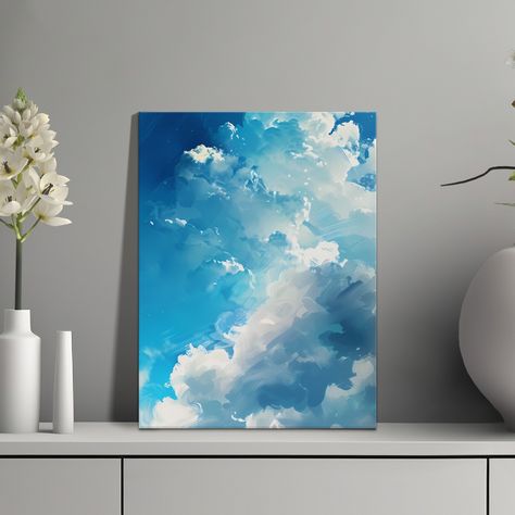 Feeling like your home decor is about as exciting as watching paint dry (seriously, who even does that anymore?) Dreaming of a calming escape that's both beautiful AND kind to the planet? Introducing the Serene Blue Cloud Canvas Art - Eco-Friendly Matte Canvas! This dreamy piece isn't just wall art, it's a portal to a world of fluffy white clouds and endless blue skies, the perfect antidote to everyday stress. Imagine a gentle breeze carrying your worries away, replaced by the tranquility of... Cloud Canvas Art, Cloud Canvas, Cloud Painting, Blue Clouds, Unique Canvas, White Clouds, Blue Skies, Gold Ink, Blue Sky