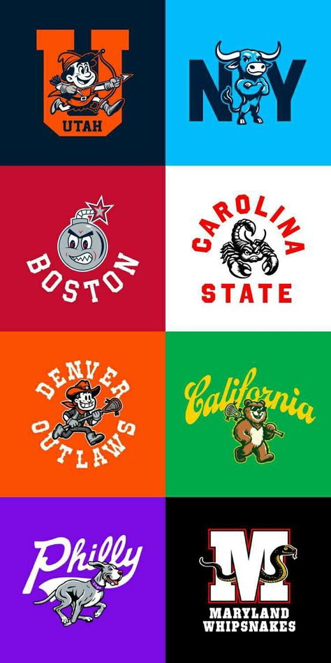 A collage of 8 logos during the Premier League Lacrosse Throwback Weekend. These logos depict cartoon mascots, many of which are smiling, that are reminiscent of the mascots in many universities athletic identities. College Mascots Logo, College Football Logos, Nfl Uniforms, Going Back To College, Lacrosse Sticks, Football Uniform, Minor League Baseball, Basketball Leagues, Football Uniforms