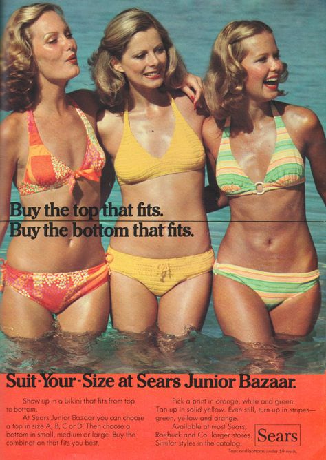 April 1975. ‘Show up in a bikini that fits from... - Just Seventeen Seventeen Magazine Fashion, Fashion Ads, 60s 70s Fashion, Steampunk Women, Lauren Hutton, Vintage Swim, Seventeen Magazine, Vintage Swimwear, Vintage Swimsuits