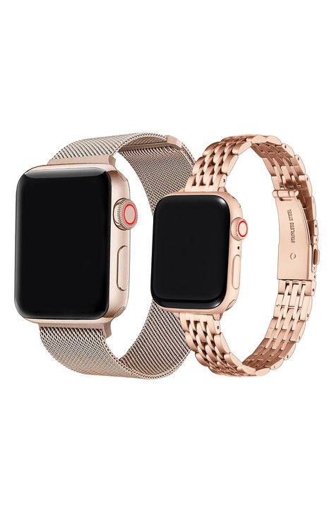 Refine your Apple Watch with this elegant band set that includes an adjustable mesh strap and rosy, timeless bracelet. Set of 2 assorted bands Apple Watch not included Compatible with all Apple Watch series Deployant clasp closure; self-adjustable band Stainless steel with goldtone plate Imported Apple Watch Bands Rose Gold, Timeless Bracelet, Apple Watch Bands Women, Apple Watch Fashion, Iphone Watch, Watch Fashion, Wedding 2024, Apple Watch 38mm, Hair Clothes