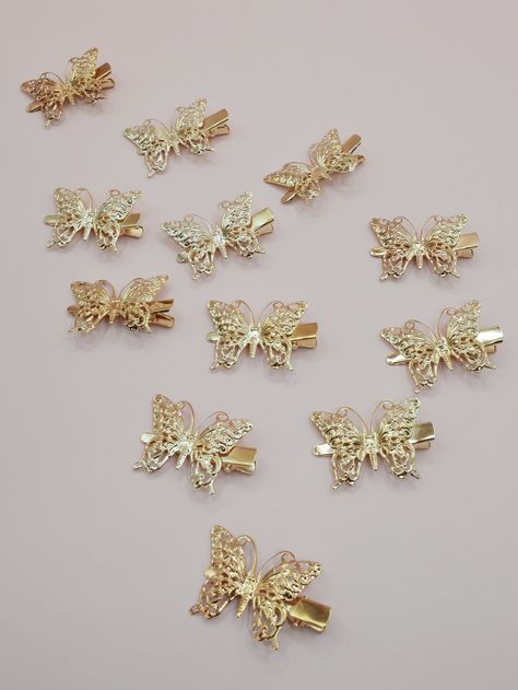 Gold Butterfly Hair Accessories, Gold Butterfly Hair Clips, Yosano Cosplay, Fancy Dresses Short, Brown Eyeshadow Looks, Purple Quinceanera, Butterfly Hairstyle, Kawaii Hair Accessories, Quinceanera Jewelry