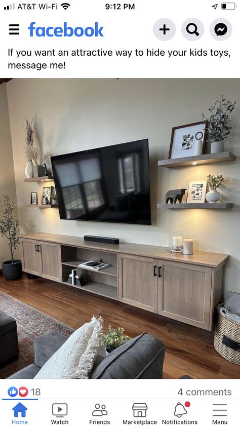 Giant Tv Wall, Tv On Big Wall Ideas, Tv Walk In Living Room, Large Living Room Tv Wall Ideas, Tv Room Design Cozy, 75 Inch Tv On Wall Ideas, Long Entertainment Center, Large Tv Wall Ideas Living Room, Hannah House