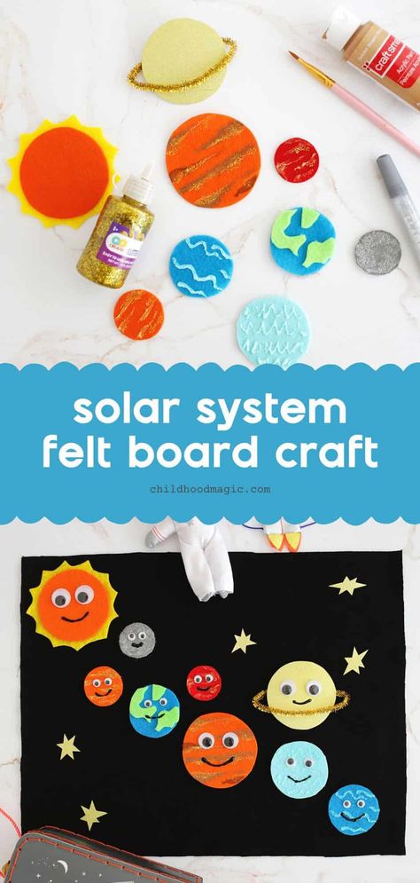 Solar System Felt Board Craft For Kids! - Childhood Magic Solar System Felt Board, Felt Solar System Diy, Solar System Games For Preschool, Paper Mache Solar System, Planet Mobile Solar System, Space Felt Board, Solar System Crafts For Kids, Solar System Crafts For Preschool, Solar System Activities For Kids