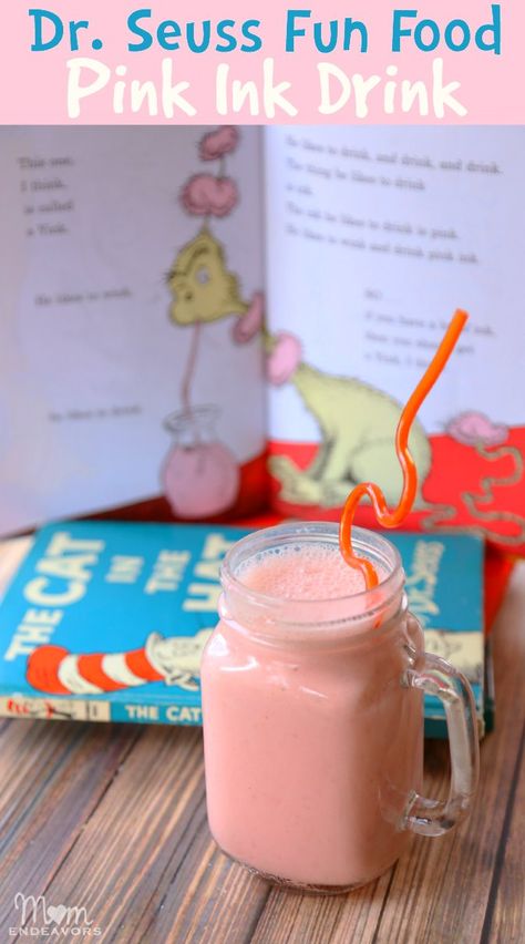 Dr. Seuss Fun Food - Pink Yink Drink Recipe (plus links to 40+ other great Dr. Seuss ideas)! Seuss Snacks, Dr Seuss Snacks, Daycare Curriculum, Kindergarten Lunch, Dr Seuss Activities, Dr Seuss Crafts, Dr Seuss Birthday Party, Seuss Crafts, Dr. Seuss