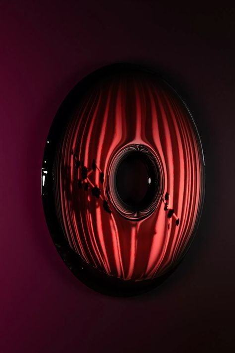 Luxury Hotel Design, Darkest Black Color, Light And Darkness, Public Sculpture, Jewelry Mirror, Environmental Design, Dark Matter, Red Wallpaper, Hotel Design