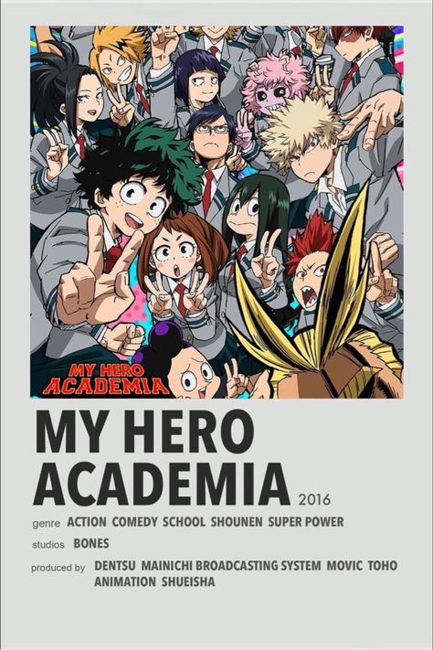 My Hero Academia (Boku No Hero Academia, 僕のヒーローアカデミア) is a Japanese superhero manga series written and illustrated by Kōhei Horikoshi. The story follows Izuku Midoriya, a boy born without superpowers (called Quirks) in a world where they have become commonplace, but who still dreams of becoming a superhero himself. He is scouted by All Might, Japan's greatest hero, who shares his Quirk with Midoriya after recognizing his potential, and later helps to enroll him in a prestigious high school for h My Hero Academy, Anime Wall Prints !!, Shojo Anime, Anime Suggestions, Film Posters Minimalist, Výtvarné Reference, Poster Anime, Animes To Watch, Pola Kartu