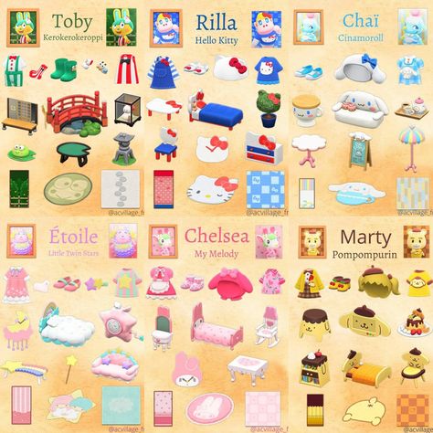 Sanrio Animal Crossing Villagers, Acnh Friendship Guide, All Animal Crossing Villagers List, Acnh Sanrio Villagers, Acnh Sanrio Items, Cozy Core Animal Crossing, Sanrio Custom Designs Animal Crossing, Cute Acnh Entrance Ideas, Chrissy And Francine Animal Crossing