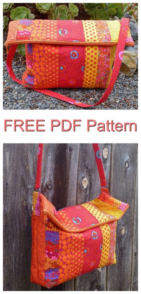 Here's a great FREE pattern to make the Flip Flop Messenger Bag. This roomy tote is designed with a loose structure so that when you are not using this bag it can be easily folded and stowed away. When making the Flip Flop Messenger Bag you can either use your favorite large prints or use lots of strips from a jelly roll. The pdf pattern includes directions for both options. Purses Diy, Tote Bag Pattern Free, Craft Board, Bag Pattern Free, Sewing Bags, Free Sewing Pattern, Modern Bag, Bag Sewing, Handbag Patterns