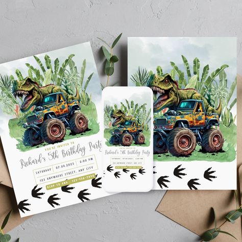 Monster Truck Dinosaur Party, Dino Monster Truck Party, Dinosaur And Monster Truck Birthday Party, Dinosaur Monster Truck Birthday Party, Monster Truck Fourth Birthday, Monster Truck Birthday Invite, Dinosaur Monster, Monster Truck Birthday Party, Truck Birthday Party